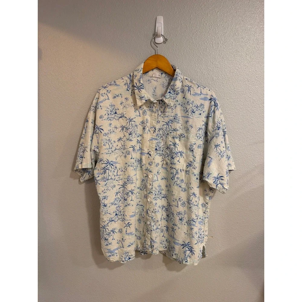 Men's Button Down Linen Blend Shirt  Size 10 Tropical Palm Tree Blue Summer Vaca